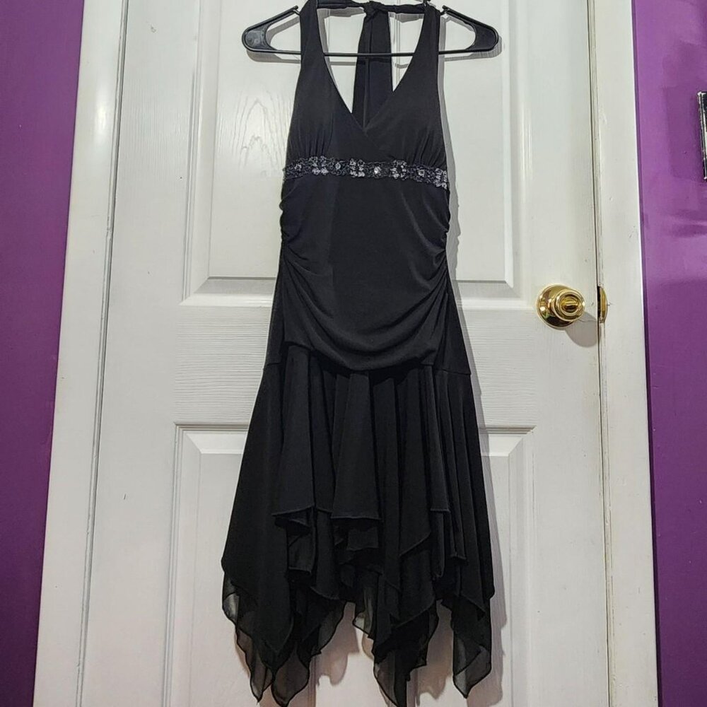 Vintage Black Halter Handkerchief Hem Dress